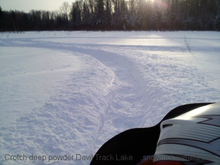 Devil Track Lake powder snowmobiling